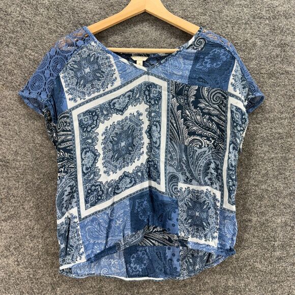 Sonoma T-Shirt Women M Medium Blue Geometric V-Neck Short Sleeve Cotton Casual - Picture 1 of 7